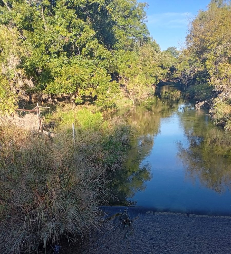 A tree-lined Hill Country stream pool at low flow, seen from a low-water crossing